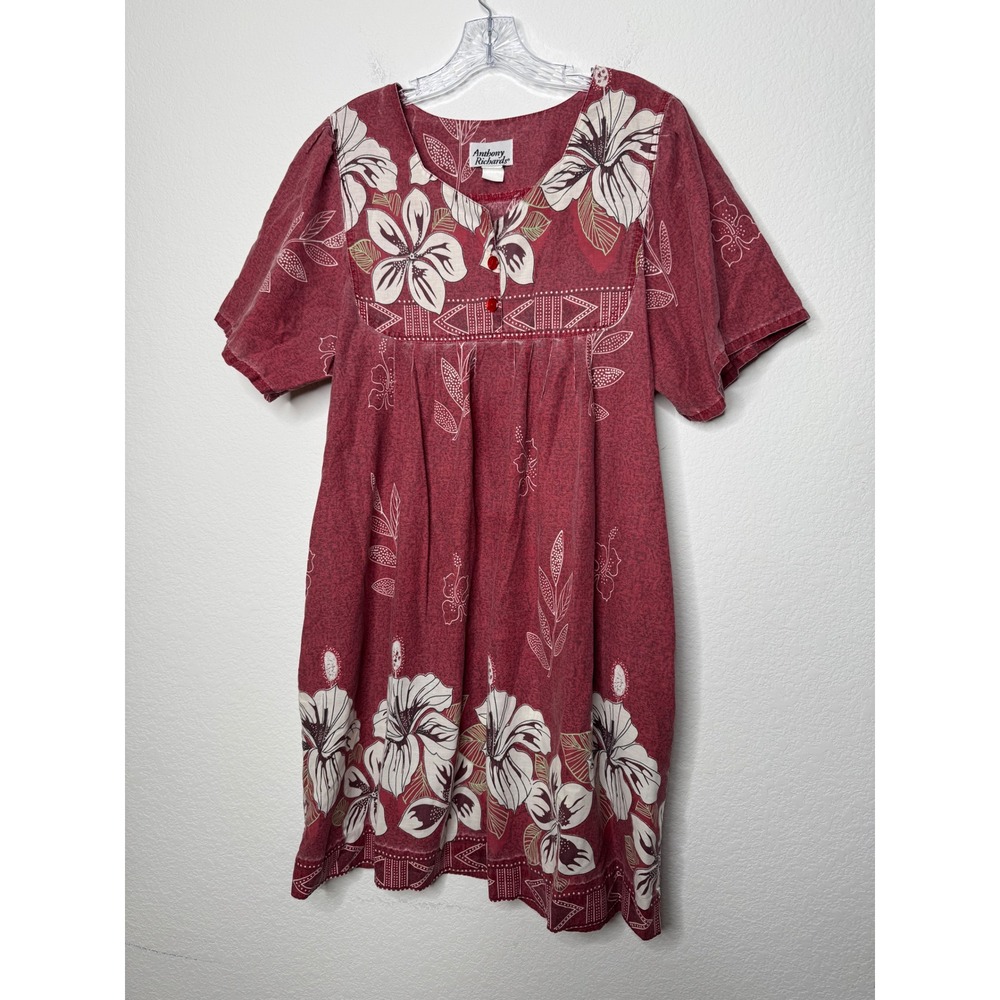Anthony Richards Red Floral Hibiscus Muumuu House Dress Pockets Large Vintage